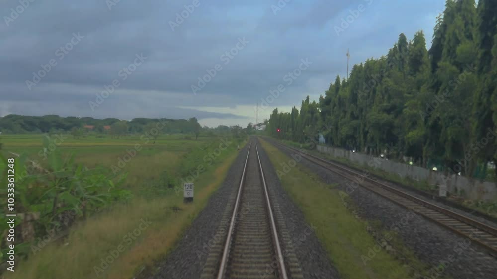 View of the railway tracks from the rear carriage as the train moves in a tele lens View of the railway tracks from the rear carriage as the train moves in a tele lens