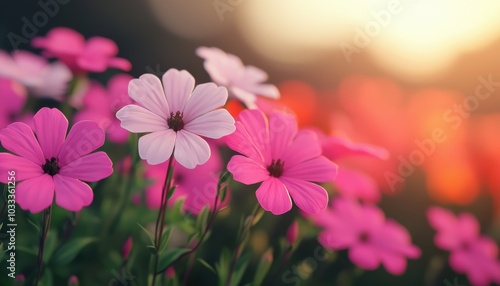 Beautiful pink flowers blooming in a vibrant garden during sunset, creating a serene and colorful atmosphere.