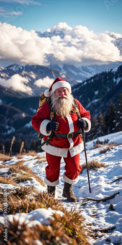 A smiling Santa Claus is hiking and walking in the snow-covered mountains in winter, with beautiful clouds in the blue sky. Christmas atmosphere.