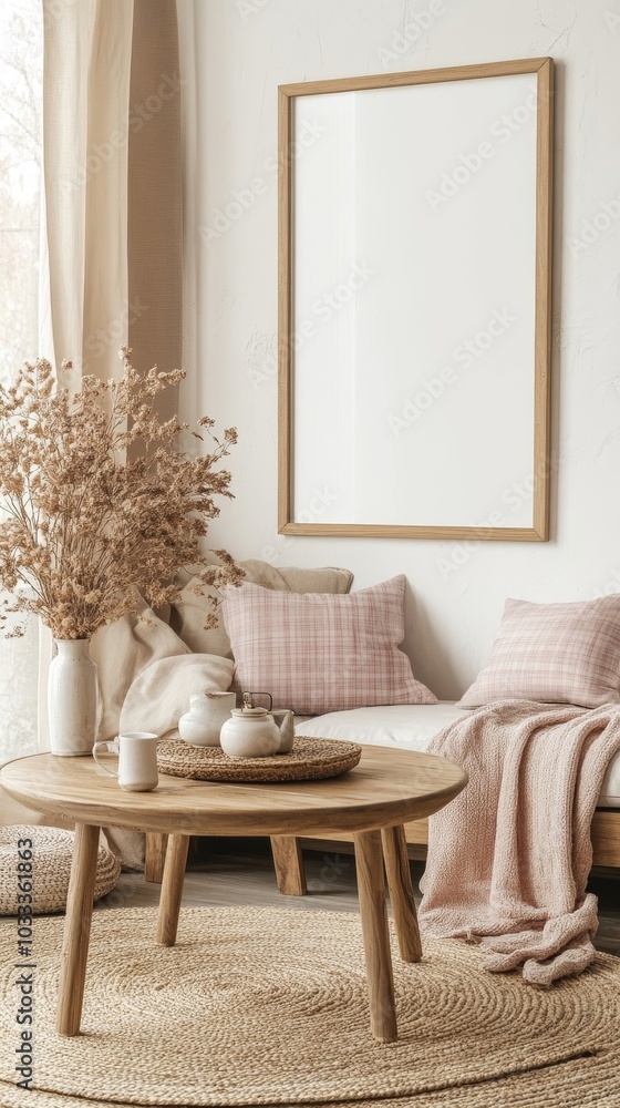 Cozy composition of living room interior with mock up poster frame, beige sofa, wooden coffee table, brown slippers, green plaid, stylish sideboard and personal accessories. Home decor, Generative AI Cozy composition of living room interior with mock up poster frame, beige sofa, wooden coffee table, brown slippers, green plaid, stylish sideboard and personal accessories. Home decor, Generative AI