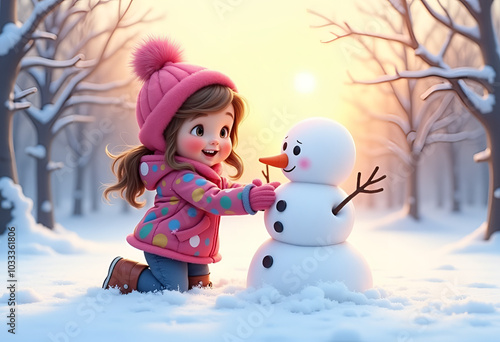 Cheerful cartoon girl joyfully building snowman in snowy winter forest photo