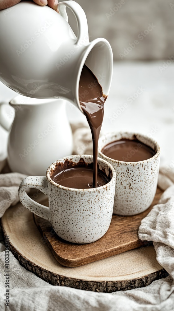 Pouring hot chocolate from white milk jug into mugs on wooden board and linen cloth Pouring hot chocolate from white milk jug into mugs on wooden board and linen cloth