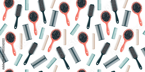 Seamless pattern with colorful combs and hair brushes on a light background. Hairdressing salon, barbershop concept. Vector illustration
