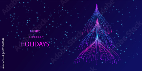 Happy technology Holidays. Holiday tree in high tech style. Neon futuristic digital holiday business card. Merry Christmas and Happy New Year. Big data analytics visualization tree.