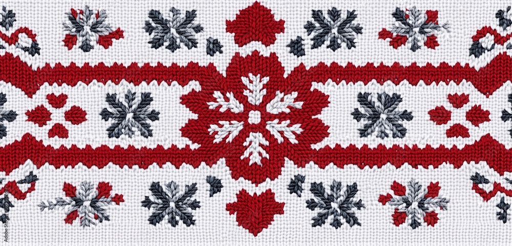Seamless Finnish traditional pattern with red, white, and black knitted motifs ideal for festive and winter-themed designs Seamless Finnish traditional pattern with red, white, and black knitted motifs ideal for festive and winter-themed designs