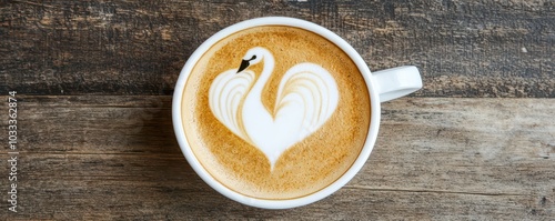 Swan-Shaped Latte Art on Frothy Espresso in Warm Tones with Space for Text