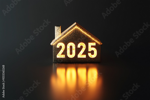 3d gold number 2025 is next to the house on a dark background. new year real estate concept