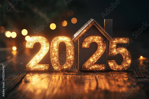 3d gold number 2025 is next to the house on a dark background. new year real estate concept