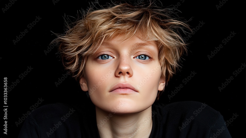Closeup Portrait of Young Woman with Short Blonde Hair and Blue Eyes Closeup Portrait of Young Woman with Short Blonde Hair and Blue Eyes