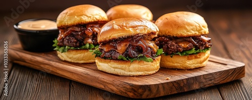 Mini sliders with melted cheese and caramelized onions, served on a wooden board with dipping sauces and pickles on the side, 3D illustration