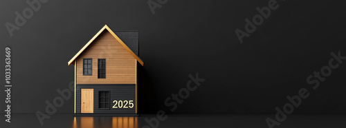 3d gold number 2025 is next to the house on a dark background. new year real estate concept