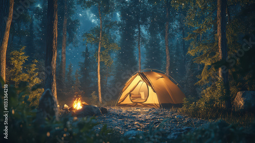 Cozy Camping Scene in a Dense Pine Forest: Illuminated Tent, Glowing Campfire Embers, and Starry Night Sky. Ultra-Realistic Outdoor Photography with Detailed Equipment.