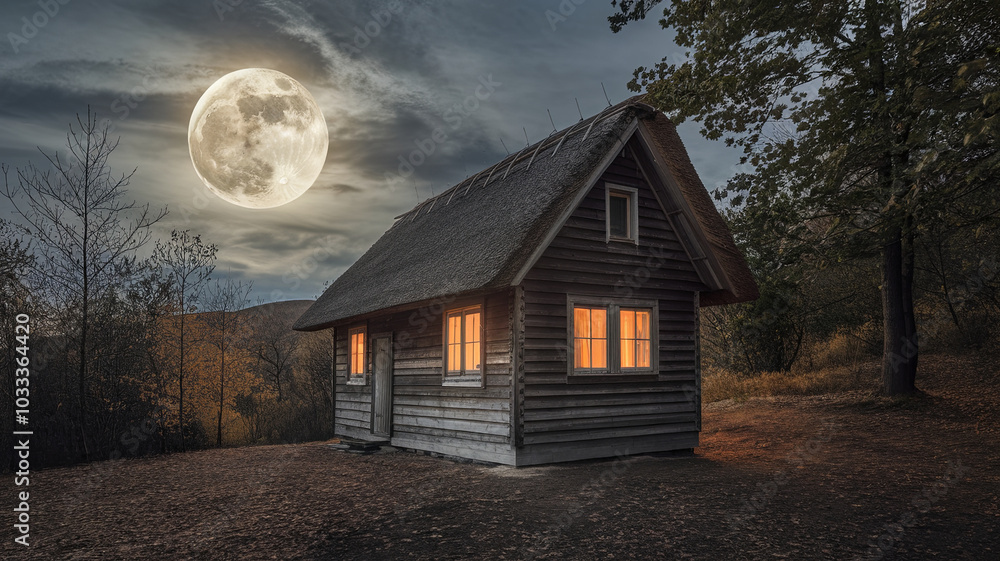 serene mountain cabin stands isolated under bright full moon, surrounded by trees and autumn foliage. warm glow from windows adds cozy touch to tranquil night scene serene mountain cabin stands isolated under bright full moon, surrounded by trees and autumn foliage. warm glow from windows adds cozy touch to tranquil night scene