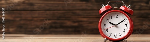 Vintage red alarm clock on wooden table with rustic background, symbolizing time management and punctuality.