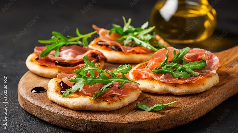 Closeup of mini flatbread pizzas topped with arugula, prosciutto, and balsamic reduction, served on a wooden board with olive oil, 3D illustration Closeup of mini flatbread pizzas topped with arugula, prosciutto, and balsamic reduction, served on a wooden board with olive oil, 3D illustration
