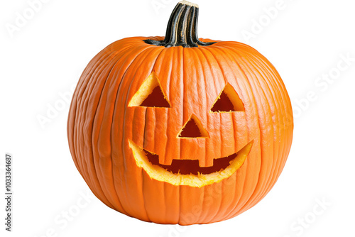 Classic jack-o-lantern with smiling carved face isolated on transparent background