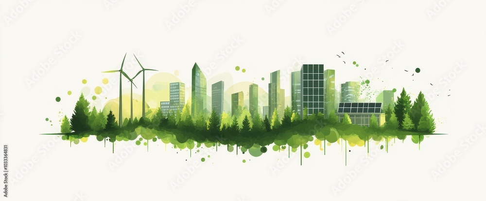 Flat illustration depicting modern city embracing green energy with ...