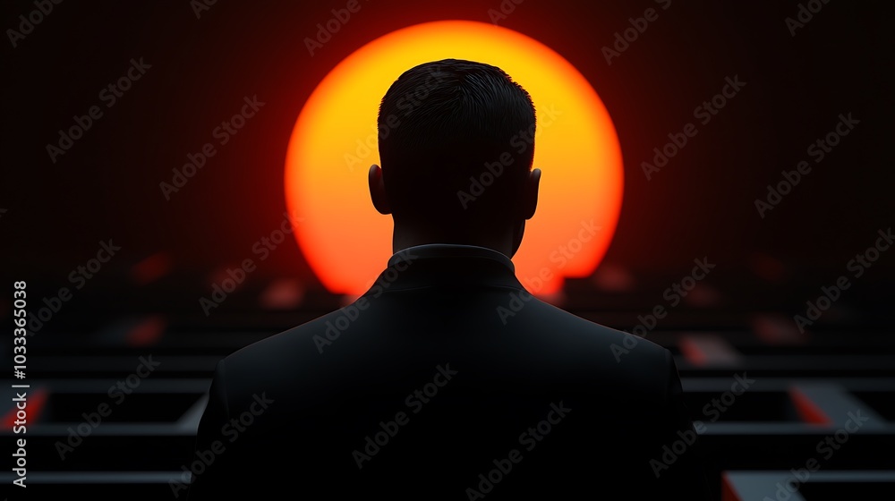 A silhouette of a man in a suit stands in front of a large, glowing orb, looking towards a bright future. A silhouette of a man in a suit stands in front of a large, glowing orb, looking towards a bright future.