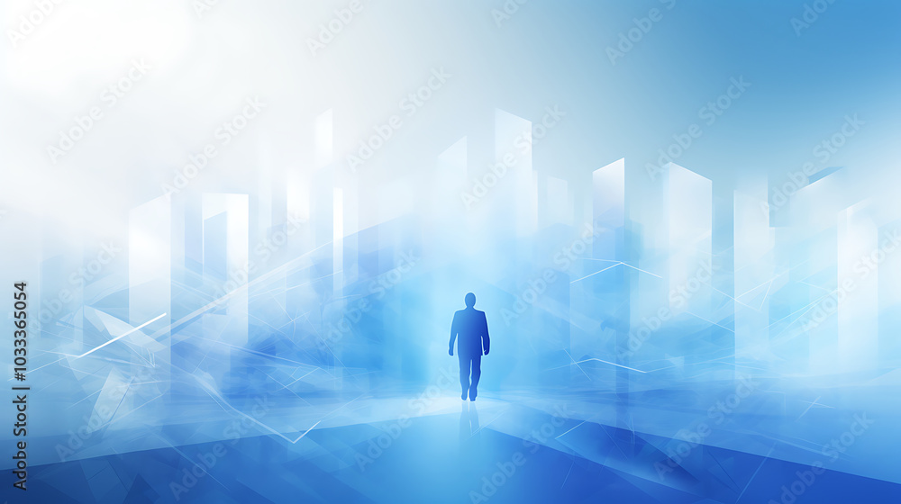 silhouette of man walking through futuristic blue cityscape, evoking sense of exploration and silhouette of man walking through futuristic blue cityscape, evoking sense of exploration and