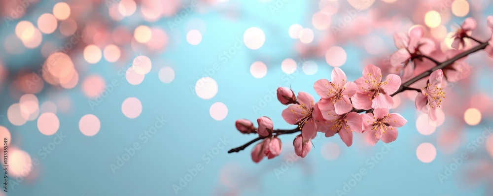 Delicate pink cherry blossoms against a soft blue background with bokeh lights. Delicate pink cherry blossoms against a soft blue background with bokeh lights.