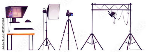 Photo studio equipment set isolated on white background. Vector cartoon illustration of professional camera, softbox and spotlight for illumination, computer for blog or advertising content making photo