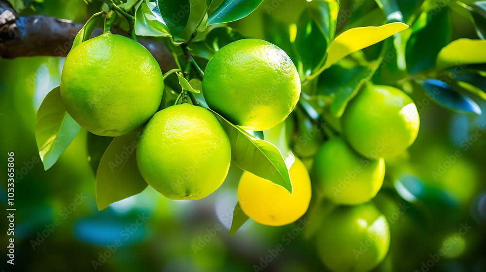 Limes and lemons hanging on tree branch, showcasing vibrant green colors Limes and lemons hanging on tree branch, showcasing vibrant green colors