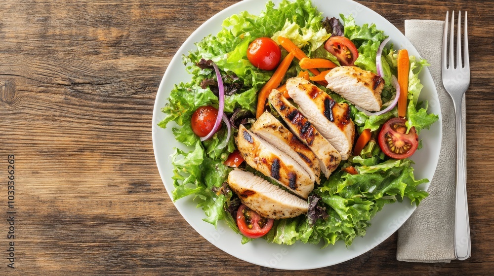A plate of grilled chicken salad with mixed greens, tomatoes, carrots, and red onion, served on a rustic wooden table. A plate of grilled chicken salad with mixed greens, tomatoes, carrots, and red onion, served on a rustic wooden table.