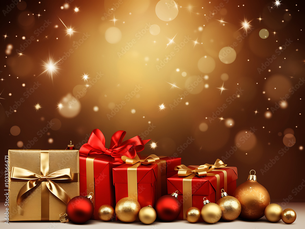 Festive presents with golden ornaments create joyful holiday atmosphere Festive presents with golden ornaments create joyful holiday atmosphere