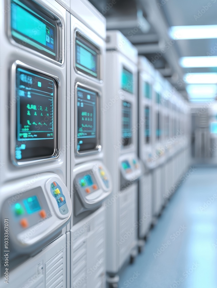 High-tech medical machines lined in a modern healthcare facility, illuminated by soft lighting. High-tech medical machines lined in a modern healthcare facility, illuminated by soft lighting.