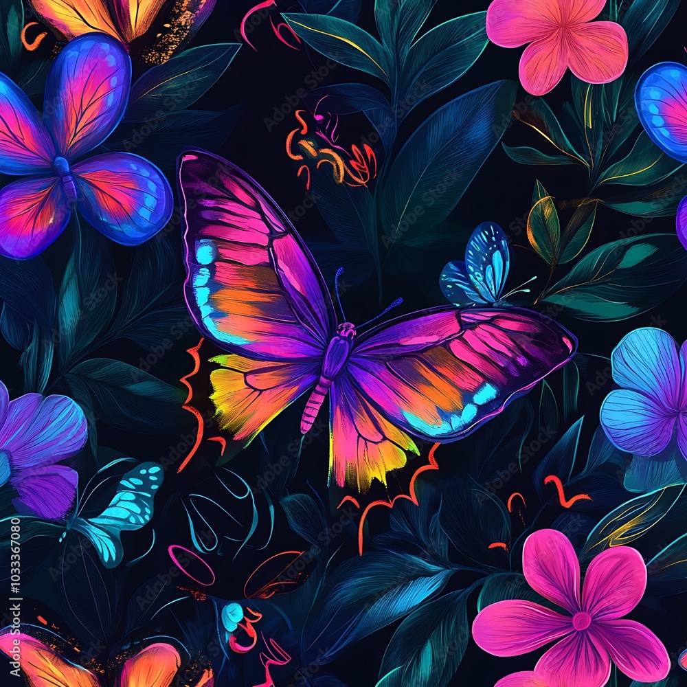 Blooming flowers with butterflies fluttering in lively nature environment Blooming flowers with butterflies fluttering in lively nature environment