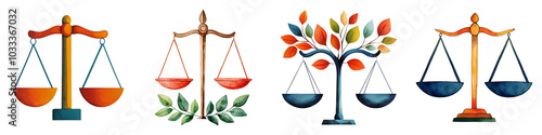 A colorful illustration of scales symbolizing justice, balance, and nature, complemented by a decorative tree, conveying themes of equity and harmony. photo