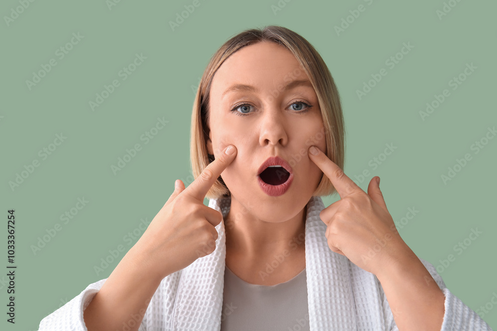 Fototapeta premium Woman doing face building exercise on green background
