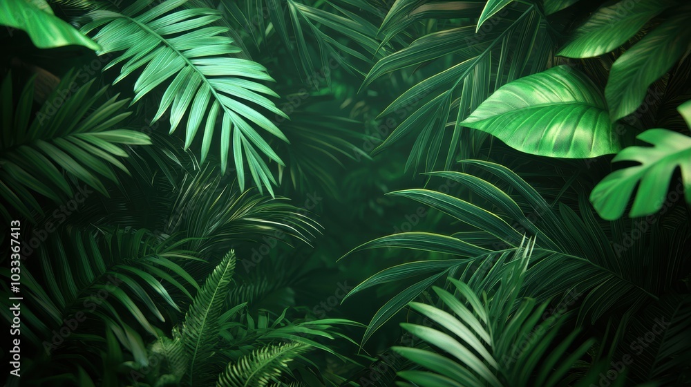 Lush green tropical leaves creating a dense and vibrant background. Lush green tropical leaves creating a dense and vibrant background.