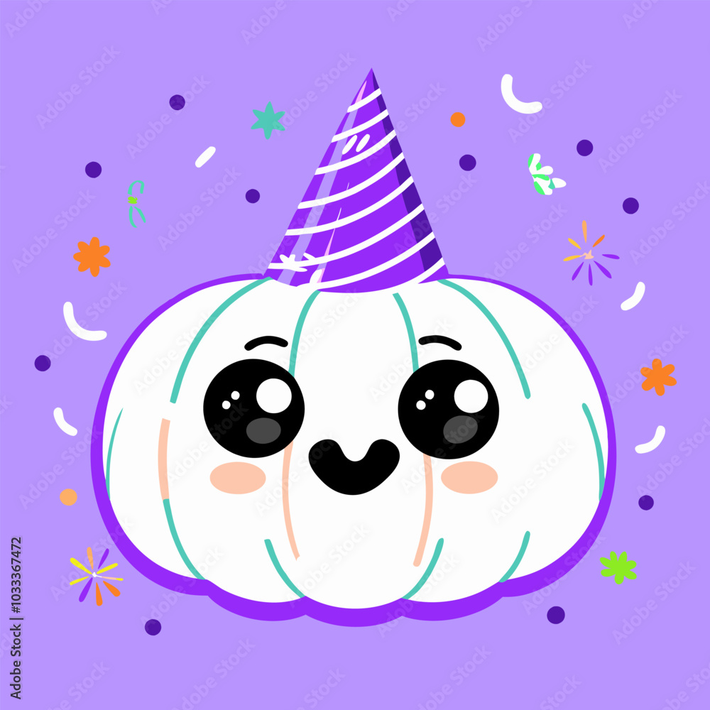 Fototapeta premium Cute vector illustration of a kawaii pumpkin wearing a party hat