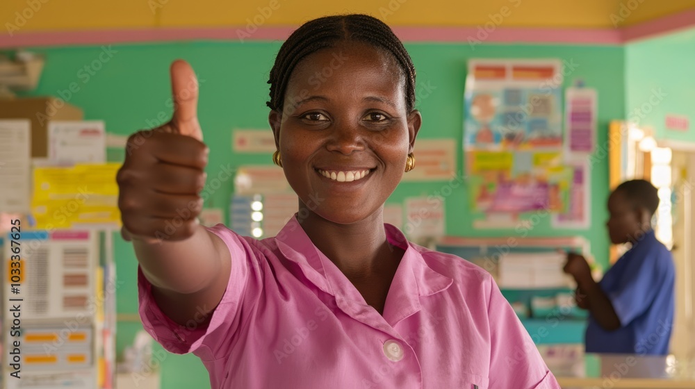 Smiling Public Health Worker in Community Health Center with Thumbs Up Gesture, Engaged Clients, and Educational Materials Smiling Public Health Worker in Community Health Center with Thumbs Up Gesture, Engaged Clients, and Educational Materials