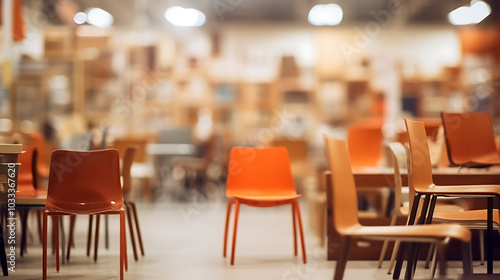 Blurry furniture display with orange chairs in warehouse setting