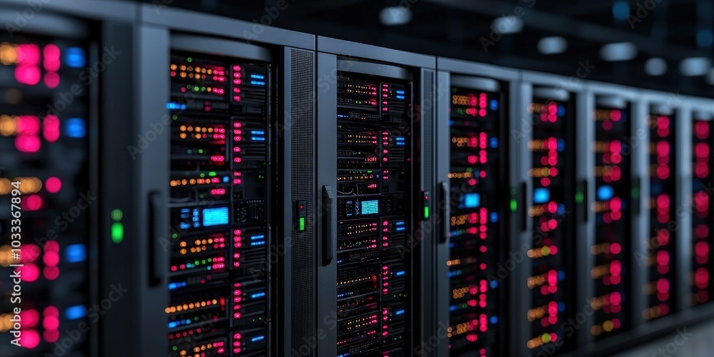 Modern Data Center Server Racks with Glowing Lights Technology Network Cloud Computing Modern Data Center Server Racks with Glowing Lights Technology Network Cloud Computing