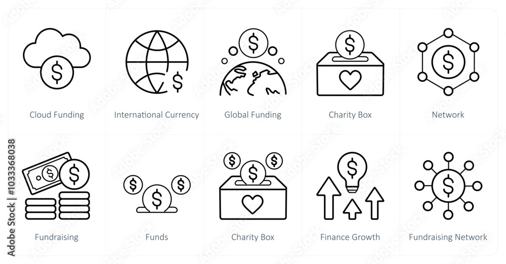 A set of 10 crowdfunding icons as cloud funding, international currency, global funding A set of 10 crowdfunding icons as cloud funding, international currency, global funding