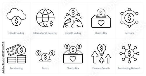 A set of 10 crowdfunding icons as cloud funding, international currency, global funding