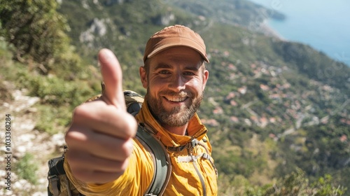 Joyful Tour Operator in Scenic Landscape with Engaged Tourists Giving Thumbs Up - Ultra-Detailed Travel Experience