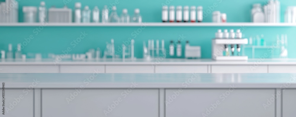Modern laboratory workspace with shelves of glassware and equipment against a turquoise wall. Modern laboratory workspace with shelves of glassware and equipment against a turquoise wall.