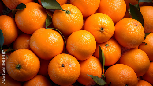 Fresh oranges with vibrant color and green leaves create lively display