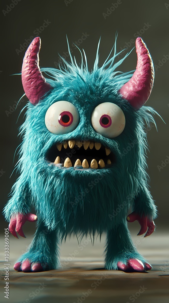 Colorful cartoon monster with blue fur and pink horns, looking surprised. Colorful cartoon monster with blue fur and pink horns, looking surprised.