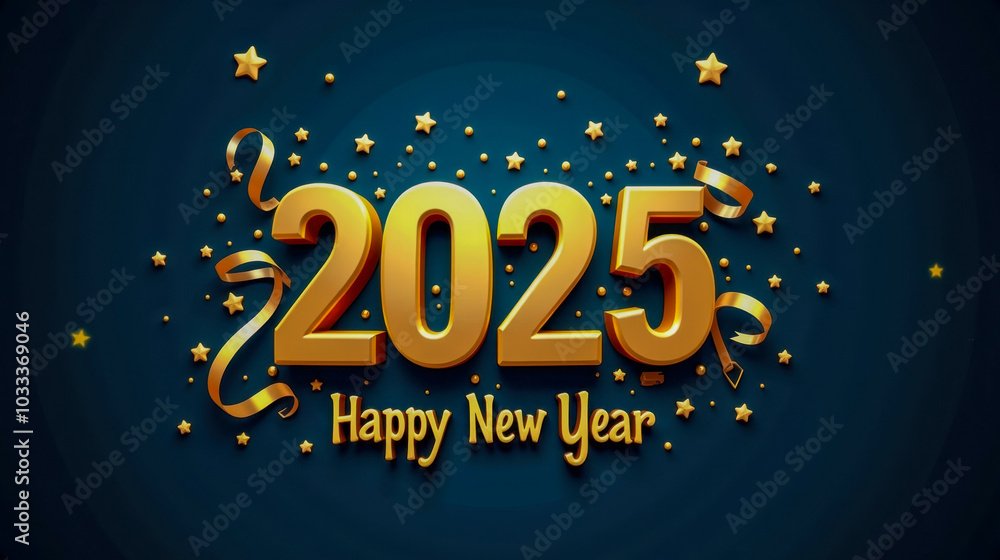 Christmas greeting card with golden numbers '2025' surrounded by New Year's decorations against a dark blue background. Christmas greeting card with golden numbers '2025' surrounded by New Year's decorations against a dark blue background.
