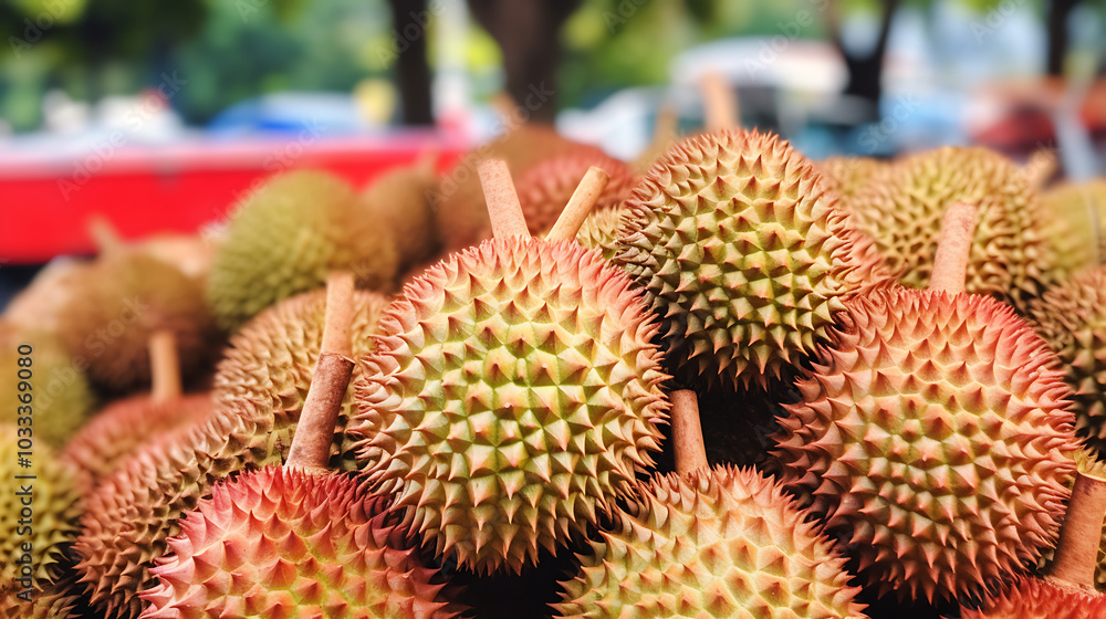 Fresh durians with spiky green and red skin stacked together, showcasing their unique texture and Fresh durians with spiky green and red skin stacked together, showcasing their unique texture and