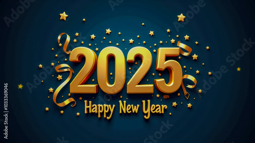 Christmas greeting card with golden numbers '2025' surrounded by New Year's decorations against a dark blue background.