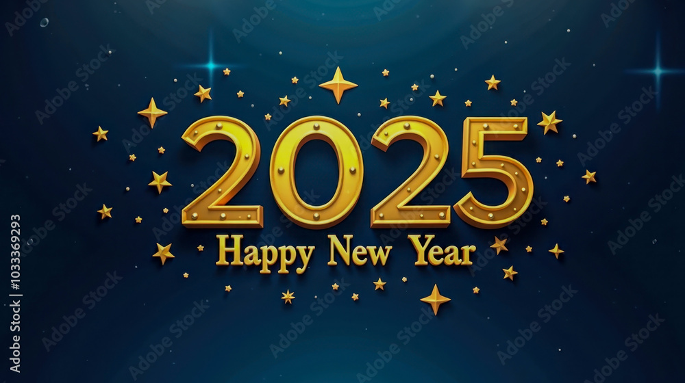 Christmas greeting card with golden numbers '2025' surrounded by New Year's decorations against a dark blue background. Christmas greeting card with golden numbers '2025' surrounded by New Year's decorations against a dark blue background.