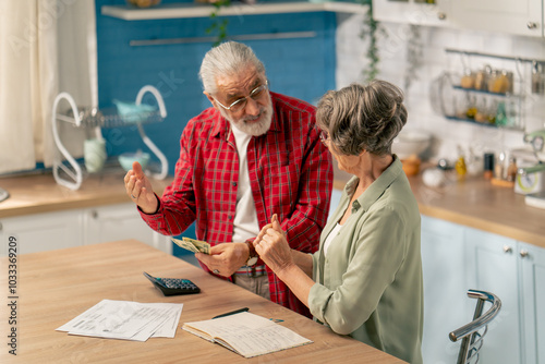 in bright kitchen an elderly cute couple at the table count their expenses monthly payment summing up the results of the year utilities count monthly survival count money