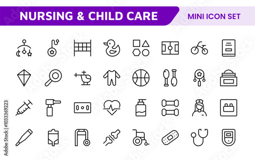 Nursing Home & Child Care Icon Set. Compassionate icons for elder care, child safety, and support services, perfect for healthcare apps, brochures, and care center branding.