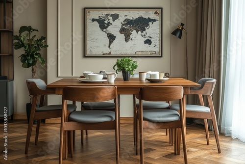 Wallpaper Mural Stylish dining room interior with mock up poster map, wooden walnut table, design chairs, cup of coffee, decoration, tableware and elegant personal accessories in home decor, Generative AI Torontodigital.ca